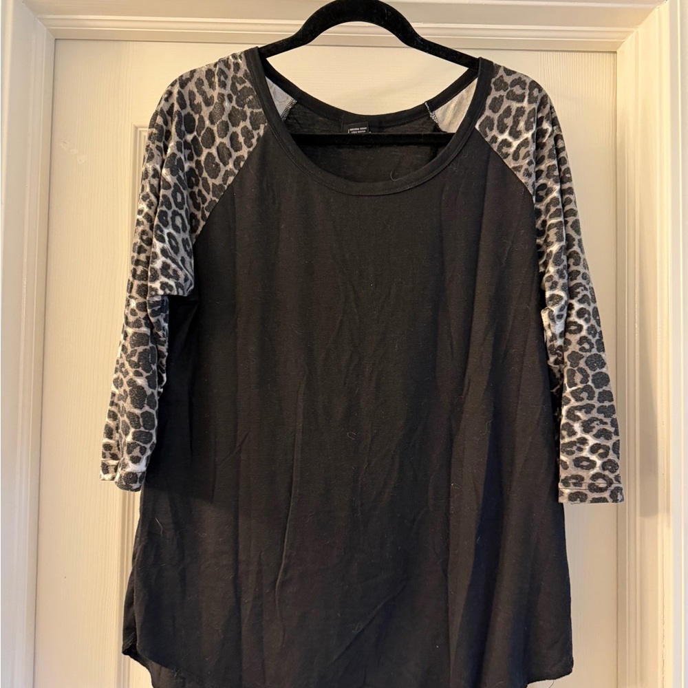 Rue21 Black Top with Gray Leopard Sleeves